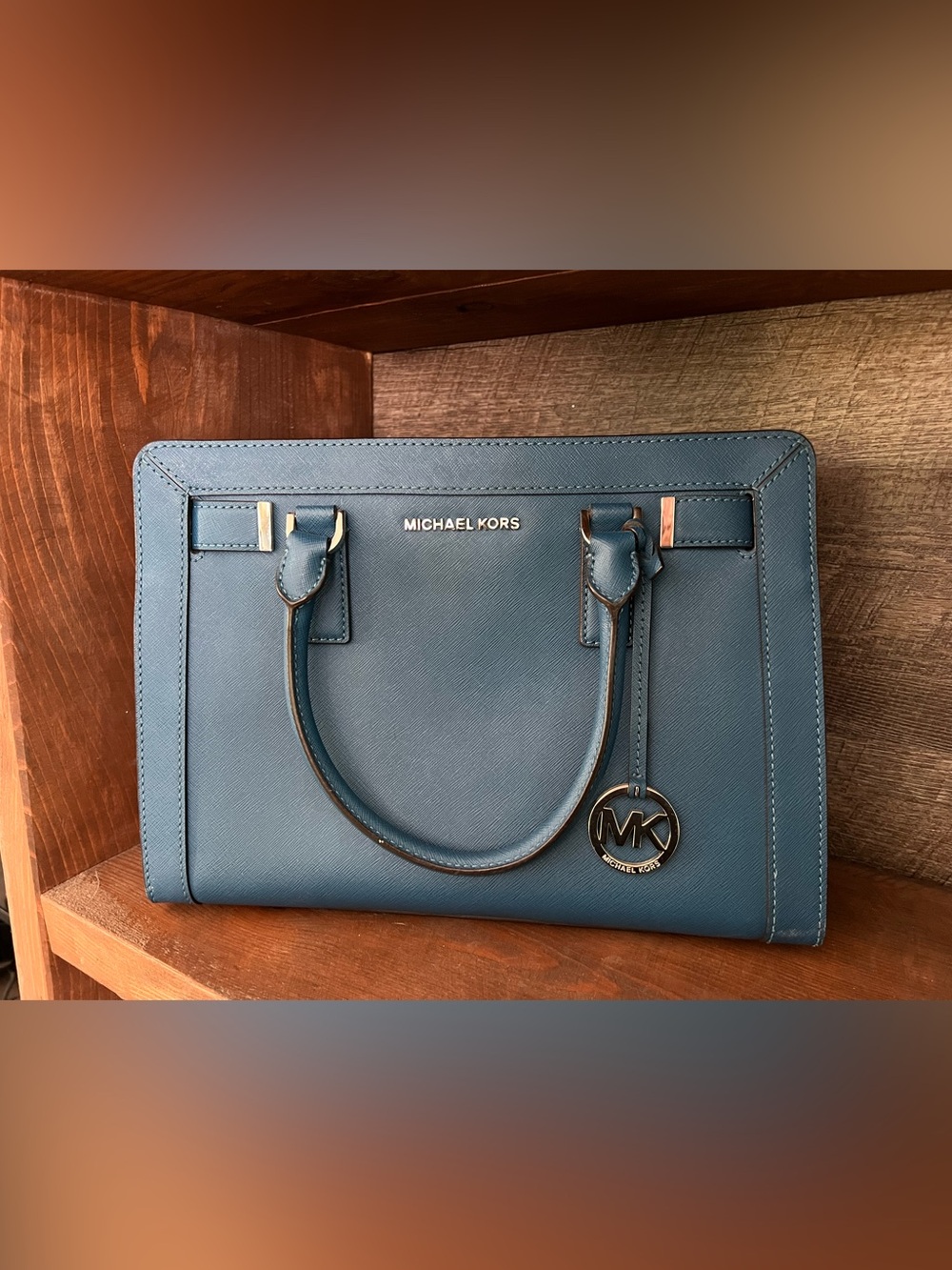 Michael Kors Blue Saffiano Leather Satchel with MK Charm - Picture 1 of 2